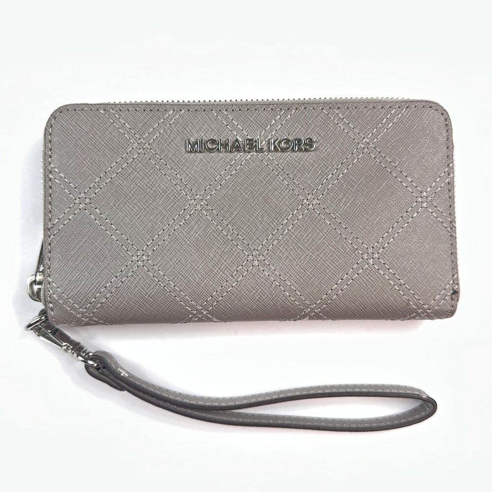 Michael Kors Wristlet Wallet Womens Quilted Zip Around Saffiano Leather Clutch